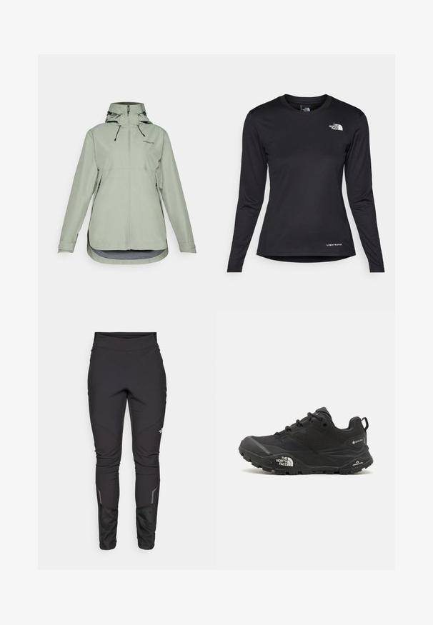 Veste imperméable vert clair avec capuche, fermeture éclair, cordons réglables et poches latérales. Présente un ourlet arrière plus long.; The North Face SHADOW LONG SLEEVE - T-shirt à manches longues - black; Pantalons d'extérieur noirs à coupe ajustée, en tissu durable, avec des accents réfléchissants et des coutures en panneaux pour une mobilité et un confort accrus.; Chaussure de randonnée noire avec une tige texturée, fermeture à lacets, et une semelle en caoutchouc épaisse présentant un logo prominent sur le côté et des motifs de semelle.