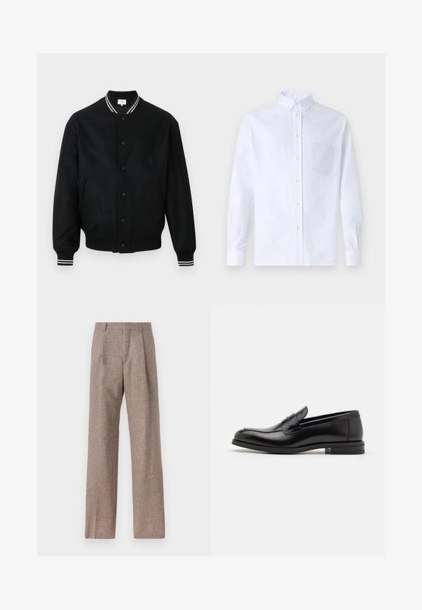 Černá bomber bunda s ribovaným límcem, patentními knoflíky a bočními kapsami. Obsahuje bílé pruhované detaily na límci a rukávech.; Bílá dlouhá košile s knoflíky vyrobená z bavlny, která má náprsní kapsu s tónovanou výšivkou, límec a knoflíkové manžety.; Hnědé kalhoty s vysokým pasem vyrobené z texturované látky. Mají široké nohavice a dva přední sklady pro strukturu. Úhledné provedení bez viditelné kovových částí.; Černé kožené polobotky s hladkou texturou, zaoblenou špičkou a zdobným páskem přes nárt. Nízký stohovaný podpatek, minimalistický design.