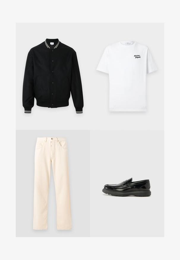 Svart bomberjacka med ribbat krage, tryckknappar och sidofickor. Har vita randiga detaljer på kragen och ärmarna.; Vit bomullströja med korta ärmar och rund halsringning. Har en svart broderad logotyp på vänster bröst. Slät textur.; Ljusbeiga denimjeans med rak bendesign, fem fickor och knappstängning fram. Sömmen syns längs med sömmarna.; Svart läderloaferskor med en glänsande yta, rund tå, diskreta söm detaljer och en tjock gummisula för hållbarhet.