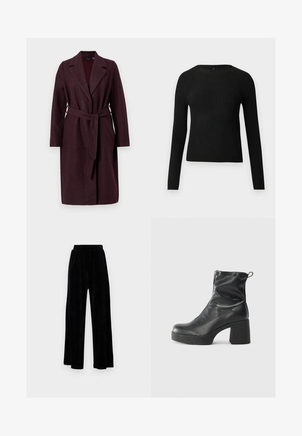 Burgundy gyapjú kabát sálgallérral, hosszú ujjal és azonos anyagú övvel. Oldalsó zsebekkel és egy gombos záródással rendelkezik.; Fekete bordázott, hosszú ujjas, testhez simuló pulóver kerek nyakkivágással, világos, egyszínű háttér előtt kiemelve.; Fekete, széles szárú nadrág puha velúrból, rugalmas derékkal és sima textúrával, látható díszítés vagy mintázat nélkül.; Fekete bokacsizmák sima bőrből, oldalsó cipzárral, vastag, texturált sarkú és lekerekített orrú dizájnnal.