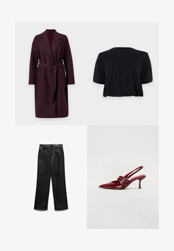 Bordo vuna kaput s revere ovratnikom, dugim rukavima i pasom od istog materijala. Ima bočne džepove i zatvaranje na jedan gumb.; Crna skraćena pamučna majica s kratkim rukavima i okruglim izrezom, koja se ističe čistim, besprijekornim dizajnom i mekom teksturom.; Crne široke hlače od umjetne kože s prednjim džepovima, petljama za remen i suptilnim sjajem. Glatka tekstura i krojena kroj.; Crvene patent kožne sandale s upetačom, oštrim vrhom, dva remena s kopčama i tankim, srednje visokim štiklama. Glatka tekstura.