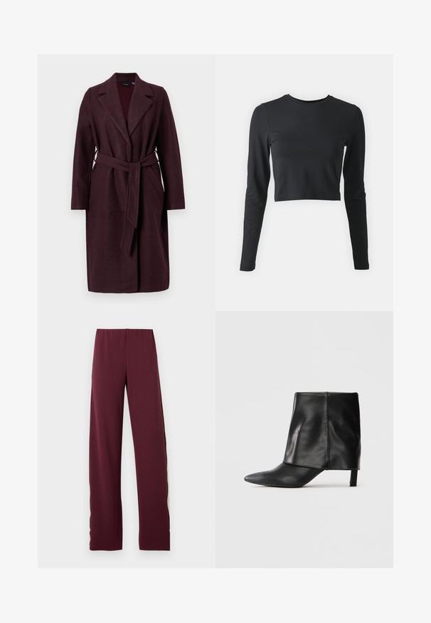 Burgundia villane jope, millel on kaelarätt, pikad varrukad ja sobivast kangast vöö. Omab küljetaskuid ja ühte nupuvajutust.; Must have musta lühemate varrukatega särk, mis on valmistatud pehmest ja venivast kangast. Omab ümmargust kaelust ja sobivaid varrukaid, ühtlane värv ilma mustriteta.; Bordeaux värvi spordipüksid elastse vöökoha ja kontrastse oliivroheline külgtriibuga, sirge jala disainiga ja sileda tekstuuriga.; Must mustaastmede pikkade varbaga, volditud ülemise põlveosas ja saleda madala kontsaga jalanõu valge tausta peal.