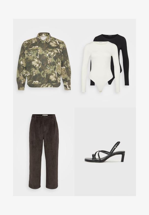 Vojaška srajčna jakna v zeleni kamuflažni vzorec. Ima okrasne stude na ovratniku in manšetah, dva žepa na prsih ter dolge rokave.; Dva bodysuita s dolgimi rokavi v beli in črni barvi. Narejena iz gladkega blaga, s krogi neckline in tangicami za gladko nošenje.; Rjave kordurojske hlače s ravnim krojem, subtilno teksturo ter sprednjim gumbom in stranskimi žepi.; Črne natikače s trakovi in kvadratnim prstom ter nizkim blokastim peto. Imajo več tankih trakov in nastavljiv trak okoli gležnja. Narejene so iz gladkega usnja.