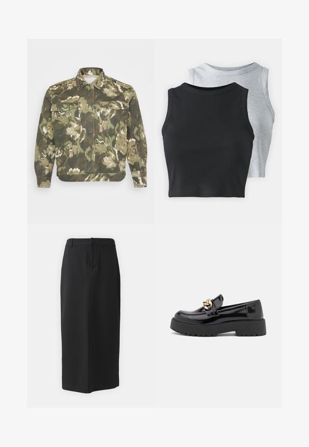 Vojaška srajčna jakna v zeleni kamuflažni vzorec. Ima okrasne stude na ovratniku in manšetah, dva žepa na prsih ter dolge rokave.; Even&Odd Petite 2 PACK - Top - light grey/black; Črna svila krila, dolžine do kolen, izdelana iz gladkega blaga. Ima razporek na hrbtu in stranske žepke, enostaven dizajn in nevtralno barvo.; Črni lakirani usnjeni loafers s debelim črnim podplatom in zlato kovinsko opremo. Gladka tekstura in zasnova zaokroženega nosu.