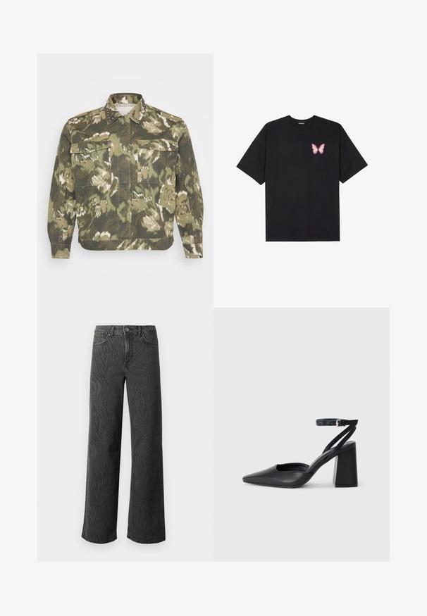 Σακάκι στρατιωτικού στιλ σε πράσινο καμουφλάζ. Διαθέτει κοσμήματα στις απολήξεις του γιακά και των μανικιών, με δύο τσέπες στο στήθος και μακριά μανίκια.; Μαύρο βαμβακερό μπλουζάκι με κοντά μανίκια, διαθέτοντας ένα μικρό ροζ γραφικό πεταλούδας στο αριστερό στήθος. Σχέδιο με στρογγυλή λαιμόκοψη και άνετη εφαρμογή.; Πλατύ παντελόνι από σκούρο γκρι τζιν, με λεπτή υφή σε σχέδιο ζέβρας, αντίθεση ραφών και πέντε τσέπες με κουμπί.; Μαύρο δερμάτινο ψηλοτάκουνο παπούτσι με οξύ μυτερό τόξο, λουράκι στον αστράγαλο και χοντρό τακούνι. Λείος υφασματισμός, κομψός σχεδιασμός και μινιμαλιστική αισθητική.