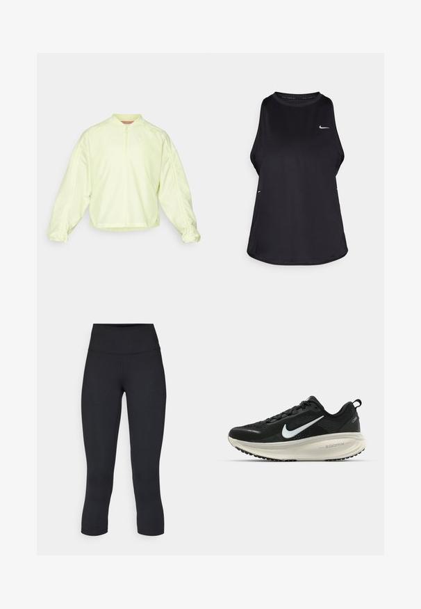Kerge kollane tõmbluku pintsak kõrge kraega, üle mõõtmete varrukatega ja elastsete mansettidega. Omab peent brändimist rinnal ja sujuvat tekstuuri.; Must have musta vaba varrukaga jooksu särk, mis on valmistatud kergest materjalist, ümar kaelus; sisaldab diskreetset logo ja külgmisi lõhesid, et tagada hingavus.; Mustad mustad õhukesed leggingud, mis on valmistatud venivast kangast, kõrge vöökoha ja siledaga, ilma nähtavate mustrite või metalldetailideta.; Musthave mustus Nike jooksujalats, millel on hingav võrgust ülemine osa, valge swoosh logo, tekstuuriga detailid ja kreemja värvusega ZoomX vahevöö.
