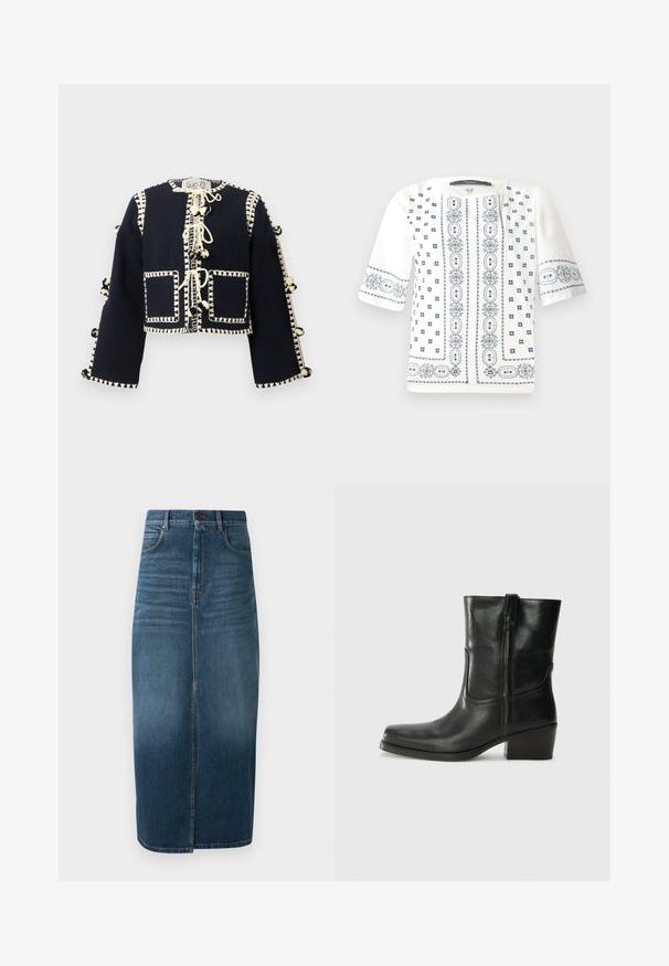 Juoda ilga rankovė trumpa striukė su kreminėmis dekoratyvinėmis siūlėmis, priekinėmis kišenėmis ir pūkuotomis raištelėmis per centrą ir rankoves.; Balta trumpų rankovių bliuskutė su mėlynais gėlėmis siuvinėjimais, apvaliu dekoltė ir sudėtingais raštais priekyje ir rankovėse.; Tamsiai indigo džinsinio audinio midi sijonas su priekinėmis skeltuvėmis ir šiek tiek išblukusia spalva. Klasikinis penkių kišenių dizainas su metaliniu mygtuko uždarymu.; Juodi odiniai aulinukai iki kulkšnies su apvali nosimi, blokuotais kulnais, šonine užtrauktuku ir siuvimo akcentais ant viršutinės dalies. Lygi tekstūra, klasikinis dizainas.