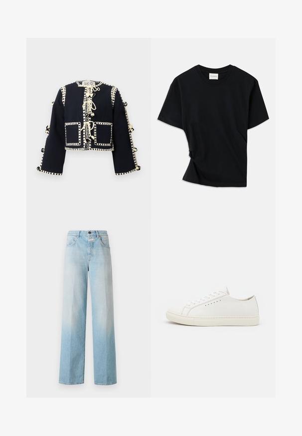 Black long-sleeve cropped jacket with cream decorative stitching, front pockets, and pom-pom ties down the center and sleeves.; Black t-shirt made of soft cotton, featuring a crew neckline, short sleeves, and a slightly twisted design for a relaxed fit.; Light blue denim wide-leg jeans with a faded gradient, featuring a classic five-pocket design and metal button closure.; White leather sneakers with a smooth texture, round toe, minimal eyelets, and a flat rubber sole. Simple design with no additional accents.