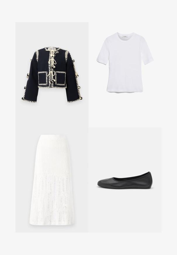 Giacca cropped nera a maniche lunghe con cuciture decorative color crema, tasche frontali e fiocchi a pompon lungo il centro e le maniche.; T-shirt bianca a maniche corte realizzata in tessuto a costine. Collo rotondo, vestibilità regolare e dettagli di cucitura sottili. Senza motivi o grafiche.; Gonna midi bianca in maglia con un motivo testurizzato a righe verticali e dettagli a taglio vicino all'orlo. Vita elasticizzata. Materiale morbido.; Pantofole da balletto nere in pelle con punta arrotondata, texture liscia, dettagli di cucitura minimi e design con suola flessibile.