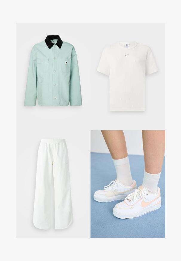 Mėtų žalios spalvos džinsinis švarkas, pagamintas iš medvilnės, su juodu kautūro apykakle. Pasižymi dviem krūtinės kišenėmis ir dviem didelėmis priekinėmis kišenėmis, su sidabriniais spaustukais.; Balta raukšlėta marškinėliai su apvaliu iškirpimu ir trumpomis rankovėmis. Ant krūtinės yra mažas juodas Nike logotipas. Audinys tekstūruotas, marškiniai tinka prie kūno.; Balti sportiniai keliai su platėjančiomis kojomis, su įtemptu juosmeniu ir subtilia logotipo detale. Lygus audinys, laisvas kirpimas ir siaurėjantis apatinis kraštas.; Balti sportbačiai su persikų akcentais, lygus odinis paviršius, perforuota nosis, tekstūruotas padas ir raišteliai. Dėvimi su baltais džinsiniais kojinėmis ant mėlynos paviršiaus.