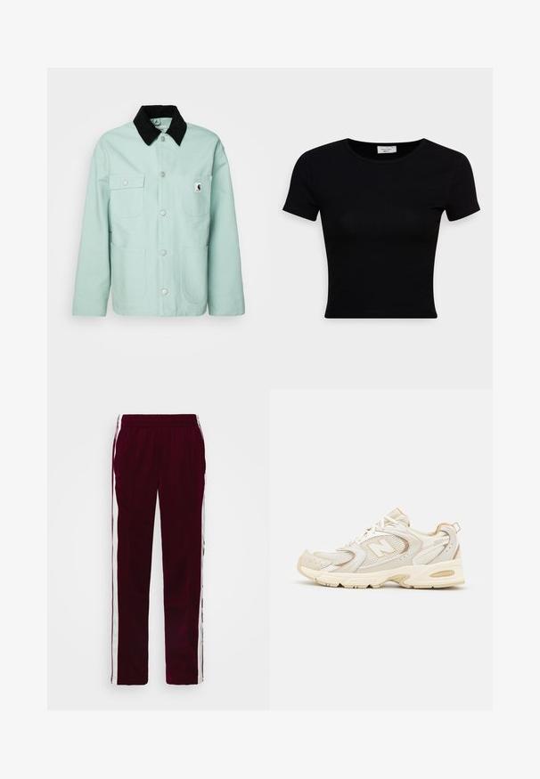 Piparmētru zaļa kokvilnas jaka ar melnu kordūras apkakli. Tajā ir divi krūšu kabatas un divas lielas priekšējās kabatas, ar sudraba spiedpogām.; Melnas īsām piedurknēm t-krekls, izgatavots no gludas kokvilnas auduma, ar apaļu kakla izgriezumu un pieguļošu dizainu. Minimalistisks, bez redzamām rakstām.; Burgundijas sporta bikses ar aukliņu jostu, baltām sānu svītrām un šauru piegriezumu. Izgatavotas no gludas, vieglas auduma.; Bēši sporta apavi ar sietu un sintētiskām pārklājumiem, ar teksturētu virsmu, mīkstu apkaklīti un "ABZORB" amortizāciju papēdī.