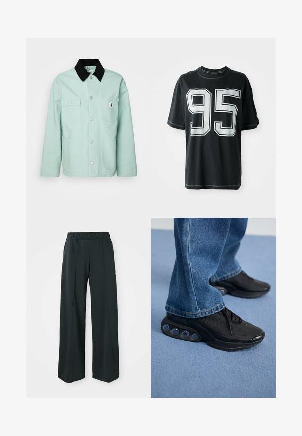 Casaco verde-menta feito de algodão com um colarinho de veludo cotelê preto. Apresenta dois bolsos no peito e dois grandes bolsos frontais, com botões de pressão prateados.; T-shirt de algodão preto com mangas curtas, apresentando o número "95" impresso em branco na parte da frente e costura contrastante ao longo das bordas.; Calças atléticas largas e pretas com um cós elástico. Feitas de um tecido liso e elástico, com costuras frontais discretas e sem bolsos.; Ténis atléticos pretos com parte superior em malha, detalhes texturizados e almofadas de amortecimento de ar visíveis na sola. Usados com uns jeans de ganga azuis.