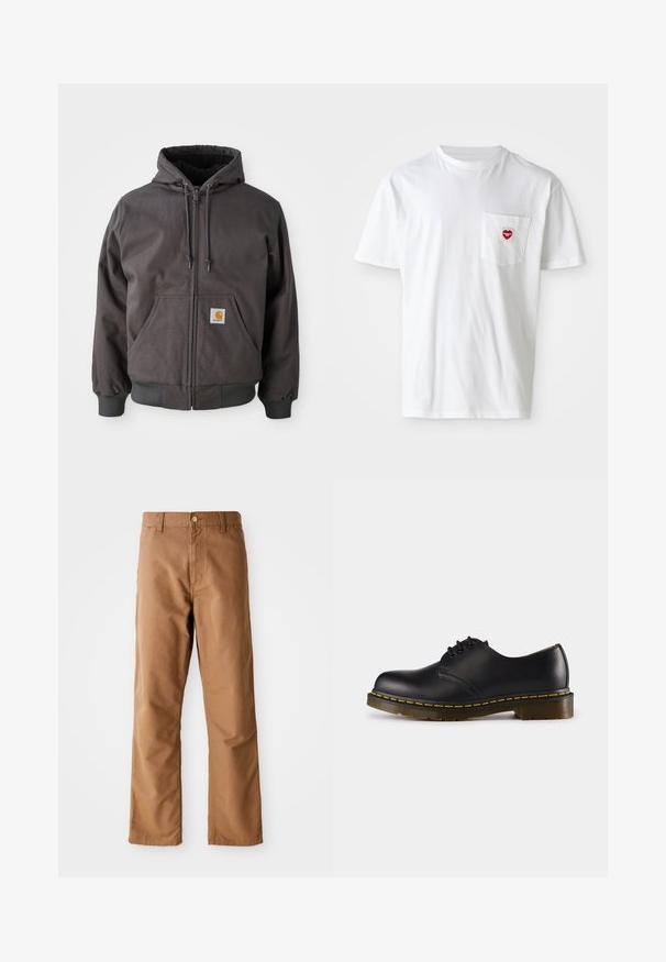 Sivá bavlnená mikina na zips s veľkou prednou kapsou, rebrovanými rukávmi a lemom. Obsahuje šnúrky na kapucni a nášivku so znakem značky.; Biela bavlnená tričko s okrúhlym výstrihom a krátkymi rukávmi. Na ľavej strane na vrecku na hrudi sa nachádza malé červené srdiečko.; Hnedé nohavice s rovnými nohavicami, s pútkami na opasok, prednými vreckami, zapínaním na gombík a zipsom na bielom pozadí.; Čierna kožená topánka s okrúhlou špičkou, šnurovací dizajn, žlté prešívanie pozdĺž podrážky a masívna, textúrovaná gumová podrážka.