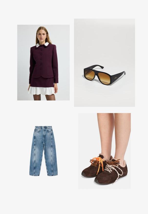 Maroon jacket with white collar, seven buttons, two front pockets, and textured cuffs. Paired with a flared white mini skirt.; Gray cropped sweater made from soft, fuzzy material. Features long sleeves and a round neckline, with a smooth, lightweight texture.; White short-sleeve T-shirt made of soft cotton, featuring a round neckline and a relaxed fit with rolled hem details. No patterns or accents.; Light blue denim jeans feature a relaxed fit, large pockets, and contrasting stitching. The fabric has a faded finish with a smooth texture.; Brown suede slip-on shoes with fur lining worn on bare feet, featuring mismatched laces: one orange and one white with black stripes.; Black rectangular sunglasses with brown gradient lenses. Made of plastic, featuring a smooth surface and a subtle gold logo on the temple.