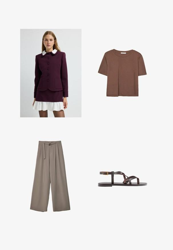 Maroon jacket with white collar, seven buttons, two front pockets, and textured cuffs. Paired with a flared white mini skirt.; Brown short-sleeve t-shirt made of soft fabric, with a round neckline and relaxed fit. No visible patterns or accents.; Wide-leg trousers in a soft, muted grey fabric, featuring a belted waist and pleats for added design detail. Smooth texture, no patterns.; Brown leather sandal featuring crisscross straps, an ankle buckle closure, and a flat sole with minimal stitching details.