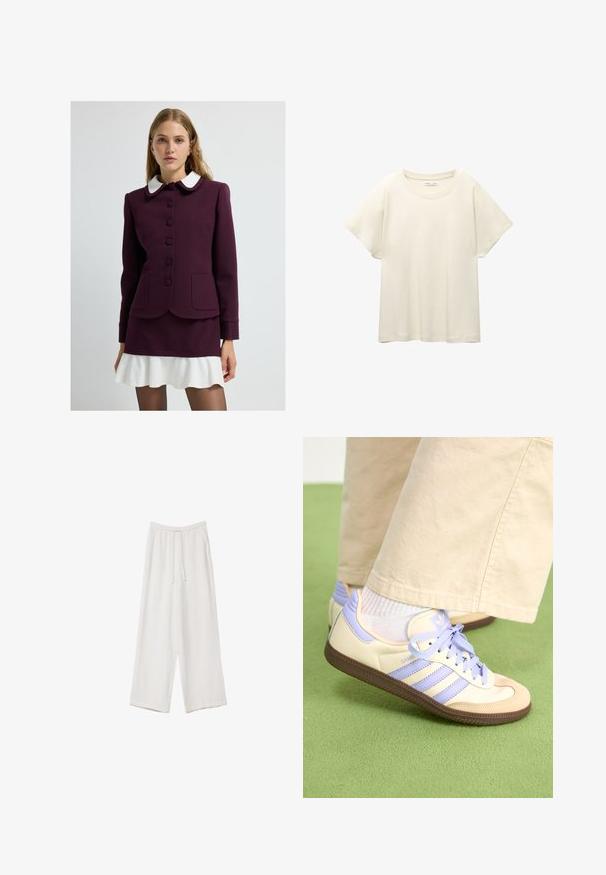 Bordeauxjack met witte kraag, zeven knopen, twee voorkruiken en geprofileerde manchetten. Gecombineerd met een witte minirok met uitlopers.; Lichtbeige t-shirt met korte mouwen en een ronde halslijn, gemaakt van zachte, gladde stof. Heeft een ontspannen pasvorm en een rechte zoom.; Witte wijde broek gemaakt van een lichte stof. Voorzien van een elastische tailleband met een trekkoord en zijzakken. Zachte textuur.; Crème- en lavendel-sneakers met drie strepen en een gestructureerde bruine zool, voorzien van veters en een gewatteerde hiel. Zachte stoffen bovenkant.