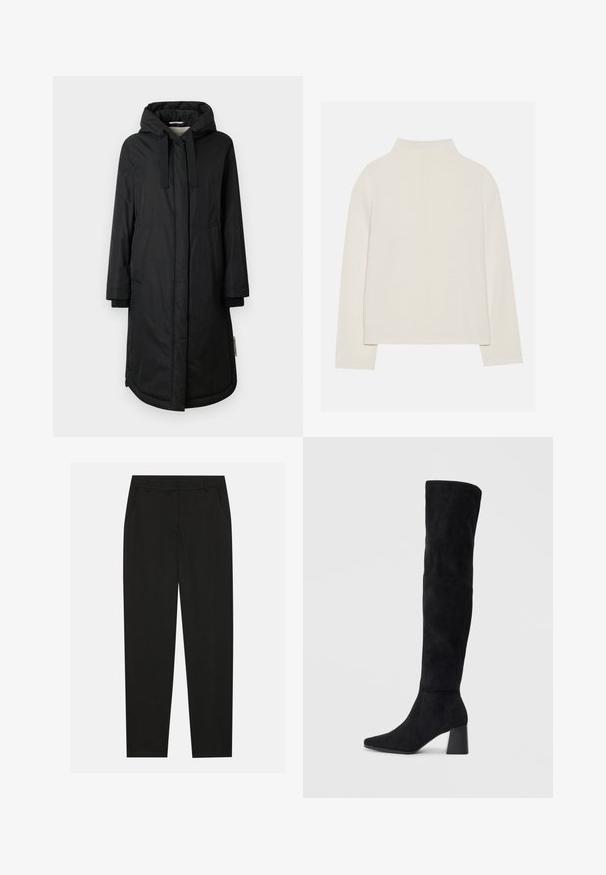 Black insulated coat with a hood, long sleeves, side pockets, and ribbed cuffs; features a smooth texture and a buttoned front closure.; Cream-colored long-sleeve top with a high collar, soft texture, and relaxed fit. Seamless shoulders and straight hem with side slits.; Black trousers with a tailored design, featuring side pockets and a straight leg. Made from smooth, lightweight fabric with a sleek finish.; Black suede knee-high boot with block heel, pointed toe, and smooth, seamless design on a plain light background.