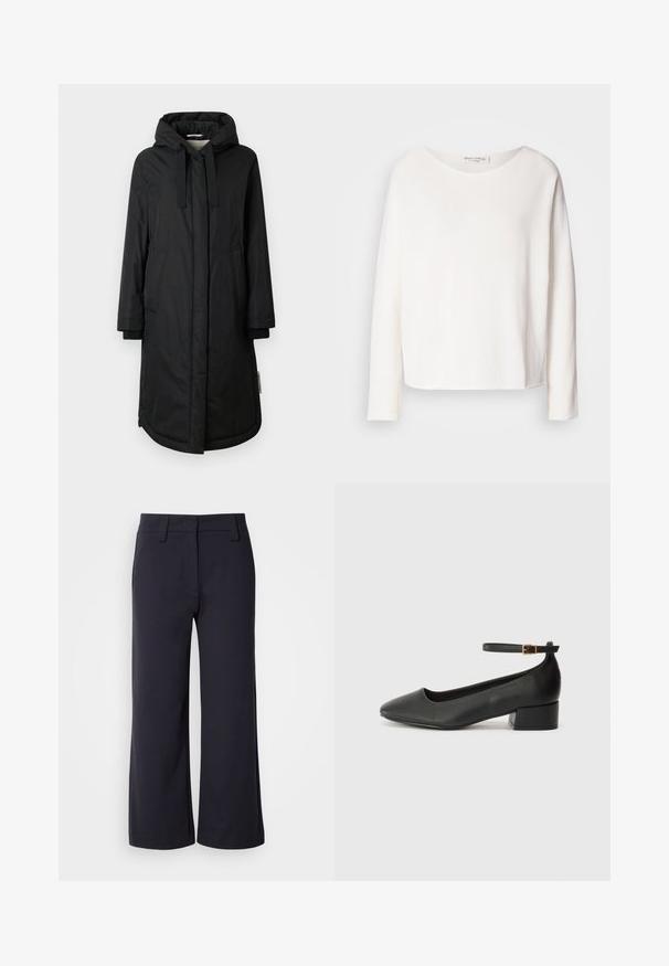 Musthaveeritud must mantel kapuutsi, pikad varrukad, külje taskud ja soonikuga mansetid; omab siledat tekstuuri ja nupuga esist closure.; Pikend varrukatega, ümarate kaelustega tee, mis on valmistatud pehmest, kergekaalulisest valgest kangast ja millel on mugav lõige. Omab puhast äärt ja nähtavat riistvarata disaini.; Laiad püksid tumedast mereväe kangast. Omavad lamedat esit, vöökohasid ja külgtaskuid. Materjal on sile ja veidi veniv.; Must mustaapp, millel on terav nina ja madal blokk-kand. Omab pahkluu rihma koos kuldse tooni pandlaga. Sile tekstuur.