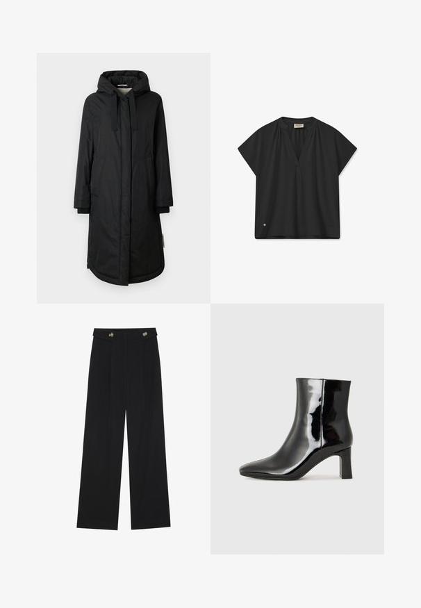 Sort isoleret jakke med hætte, lange ærmer, sidelommer og ribbede manchetter; har en glat overflade og en knaplukning foran.; Sort kortærmet bluse med v-hals, der har rynkede detaljer ved skuldrene og en subtil logoakcent ved kanten. Glat tekstur.; Sorte vide bukser med høj talje, knapdetaljer på taljebåndet og frontfald.; Sort lakeret ankelstøvle med spids tå og en midt-højde blokhæl. Glat tekstur og minimalistisk design.