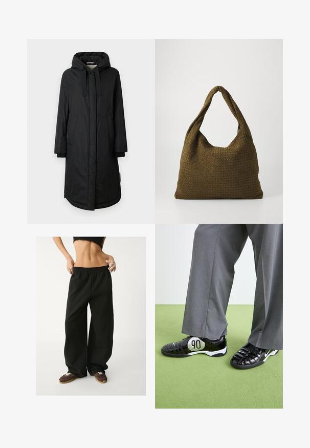 Musta eristävä takki hupulla, pitkät hihat, sivutaskut ja ribbikäänteet; siinä on sileä rakenne ja nappikiinnitys edessä.; Paita polo lanka dài tay sọc xanh navy và trắng, chất liệu cotton, có cổ, hàng ba cúc, và một logo thêu nhỏ trên ngực.; Mustat, leveät Collegehousut, joissa on joustava vyötärö. Valmistettu pehmeästä kankaasta, jossa on rento istuvuus. Yhdistetty ruskeisiin lenkkikengiin.; Musta patentoitu nahkakengät hopeisella "90" yksityiskohdalla, joissa on teksturoitu pinta ja nauhakiinnitys, yhdistettyinä harmaisiin leveisiin housuihin.; Kudottu kangaskassi oliivinvihreänä, tilavalta pyöreältä muodoltaan ja yhdessä pitkittäisessä kantokahvassa. Pintakuviointi.