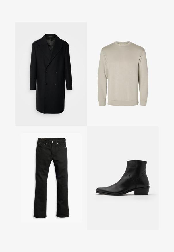 Isaac Dewhirst OVERSIZED COAT - Klasični plašč - black; Bež pulover z dolgimi rokavi in okroglo ovratnikom, izdelan iz mehkega materiala, z rebrastimi manšetami in robom, z gladko teksturo in minimalističnim oblikovanjem.; Črne kavbojke iz denima s ravno nogavico, petimi žepi, kovinskim gumbom za zapiranje in diskretnimi šivi. Gladka tekstura in enotna barva.; Črne usnjene gležnjarje s koničastim nosom, minimalnimi šivi, srednjo blok peto in gladko, sijočo obdelavo.