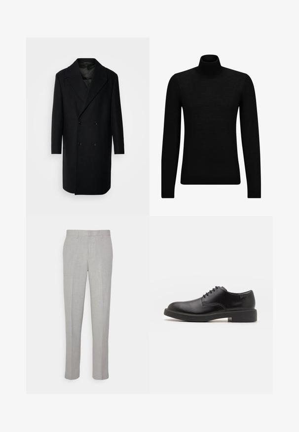 Isaac Dewhirst OVERSIZED COAT - Κλασικό παλτό - black; Μαύρο πουλόβερ σταυρωτό λαιμό, φτιαγμένο από μαλακό υλικό, με μακριά μανίκια και εφαρμοστή γραμμή. Ριγωτή λεπτομέρεια στο τελείωμα και στους καρπούς. Απλός σχεδιασμός.; Ανοιχτό γκρι παντελόνια με λεία υφή, επίπεδο μπροστινό μέρος και ίσιες γραμμές. Κατασκευασμένα από αναπνεύσιμο ύφασμα, διαθέτουν εσωτερικές τσέπες και θηλιές για ζώνη.; Μαύρο δερμάτινο παπούτσι με κορδόνια, με στρογγυλή μύτη, λεία υφή, ελάχιστη ραφή και χαμηλή καουτσούκ σόλα. Λογότυπο στη σόλα.