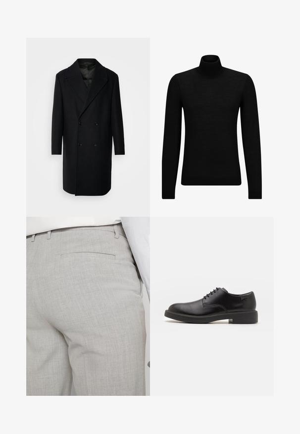 Isaac Dewhirst OVERSIZED COAT - Klassischer Mantel - black; Schwarzer Rollkragenpullover aus weichem Material mit langen Ärmeln und enger Passform. Rippbesatz am Saum und an den Bündchen. Einfaches Design.; Hellgraue, maßgeschneiderte Hose aus strukturiertem Stoff, mit einer einzelnen Gesäßtasche und sauberer Nahtführung.; Schwarzer Leder-Schnürschuh mit abgerundetem Zeh, glatter Textur, minimaler Naht und niedrigem Gummiabsatz. Logo auf der Ferse.