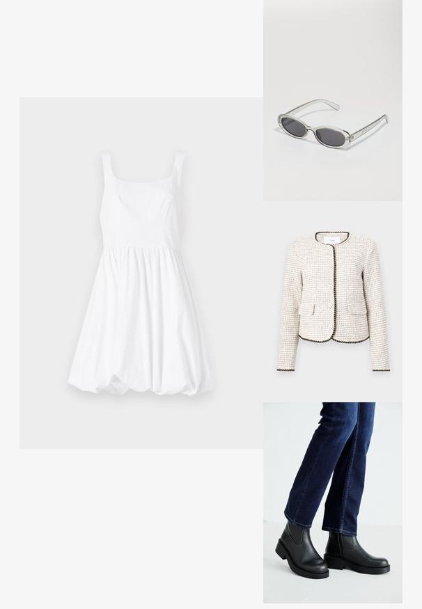 Valge tekstuuriga jakk kudumise mustriga, mille ääred on kaetud musta äärisega ja millel on kaks eesmist taskut. Ümmargune kaelus, pikad varrukad.; Valge puuvillane kleit ruudukujulise dekoltee, õhukeste rihmade ja kogutud seeliku ning volüümika siluettiga.; Mustad mustad nahast sääre kõrgused saabastega, millel on paks tald ja küljel elastsed paneelid, kombineeritud tumedate siniste teksadega. Maapind on heledat värvi.; Ovaalsed prillid, millel on selge plastraam, tumehallid läätsed ja õhukesed läbipaistvad sangad, kus on logode aktsendid ja minimaalne detailirohkus.; Musthave mustrans vöö ja eemaldatav õlarihm. Gludike nahk siledaga, millel on tõmblukk ja logo detail.