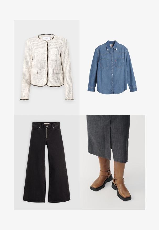 White textured jacket with a woven pattern, featuring black trim along the edges and two front pockets. Round neckline, long sleeves.; Light blue denim shirt with long sleeves, pointed collar, two chest pockets, and contrasting stitching. Features a western-style yoke design.; Wide-leg jeans in black denim with a zippered front, five-pocket design, and subtle stitching details. Smooth texture and casual style.; Brown leather knee-high boots with a square toe, black rubber sole, and adjustable buckle strap detail. Worn with a gray pinstripe skirt.