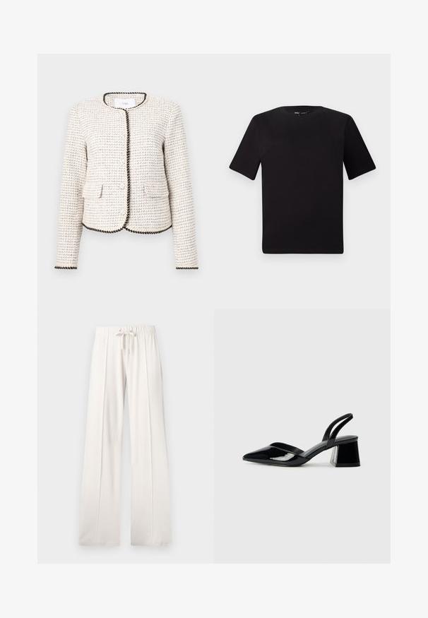 White textured jacket with a woven pattern, featuring black trim along the edges and two front pockets. Round neckline, long sleeves.; Black short-sleeve t-shirt with a round neckline, crafted from soft cotton fabric. Simple design, no visible logos or patterns.; Light beige sweatpants made of soft fabric, featuring a drawstring waist, wide legs, and vertical seams, with a smooth texture.; Black patent leather slingback heels with a pointed toe and a geometric block heel. Features a sleek, minimal design and smooth texture.