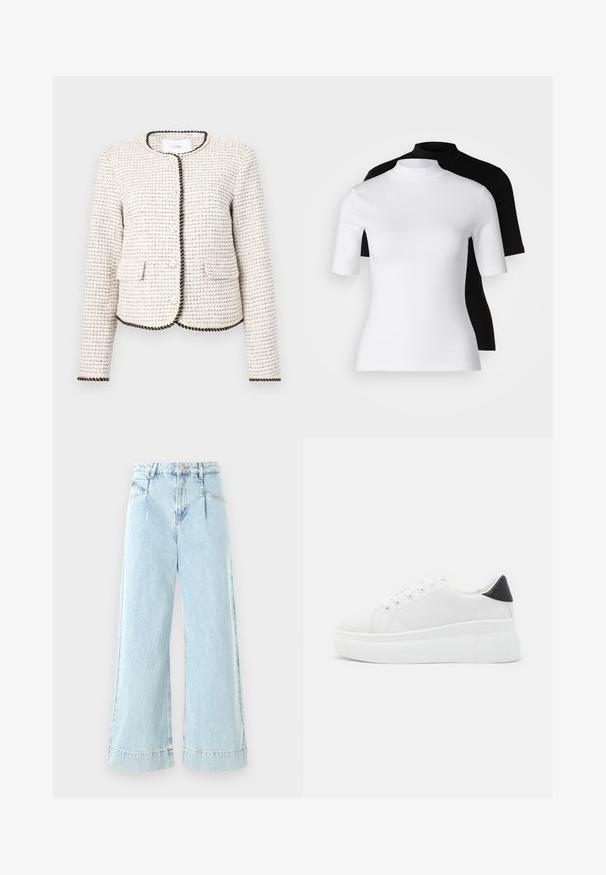 Chaqueta blanca texturizada con un patrón tejido, con ribetes negros a lo largo de los bordes y dos bolsillos frontales. Cuello redondo, mangas largas.; Conjunto de dos camisetas ajustadas de cuello alto en blanco y negro. Mangas cortas, tejido de algodón suave y diseño ajustado. Sin patrones ni gráficos.; Jeans de mezclilla de pernera ancha en azul claro, con una cintura alta, bolsillos frontales y detalles cosidos en el dobladillo.; Zapatillas de plataforma blancas hechas de material sintético suave, con punta redondeada, diseño de cordones y suela de goma texturizada. Acento en el talón negro.