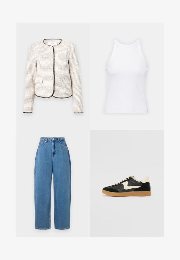 White textured jacket with a woven pattern, featuring black trim along the edges and two front pockets. Round neckline, long sleeves.; White sleeveless tank top made of ribbed fabric, featuring a rounded neckline and a fitted silhouette, with minimal seams and no embellishments.; Light blue denim trousers with a straight-leg fit, high waist, and front button closure. Features five pockets and minimal stitching details.; Black suede and leather sneaker with a cream side swoosh and light cream heel. Features beige laces and a gum rubber outsole.