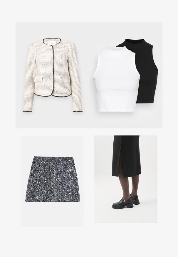 Bela teksturirana jakna z tkanim vzorcem, ki ima črne robove ob robovih in dve sprednji žepi. Okrogla izrezana vrata, dolgi rokavi.; Dva brezrokavniki z rebrasto turtleneck gorami v črni in beli barvi, z oblikovanim dizajnom in gladko teksturo, v skrajšani dolžini.; Srebrna mini krilo s sequinci, ki ima teksturiran vzorec in ravno krojenje. Tkanina se zdi svetleča in odsevna.; Črne usnjene čevlje s zaobljenim prstom, debelim blokastim petama in elastičnimi stranskimi detajli, v kombinaciji s temno nogavicami in črno krilo z razporkom.