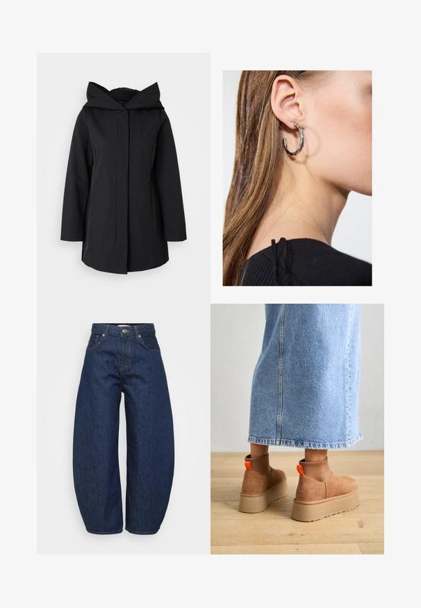 Fekete kapucnis kabát sima anyagból, elülső cipzárral, hosszú ujjal és két oldalsó zsebbel. Egyszerű, minimalista dizájn.; Even&Odd Petite 2 PACK - Felső - light grey/black; Magas derekú sötétkék farmernadrág széles lábakkal, elöl gombbal és cipzárral záródik, klasszikus öt zsebes kialakítással.; Barna velúr platform csizmák elasztikus oldalsó panelekkel és narancssárga húzófülekkel, amelyek egy térdközépig érő világoskék farmer szoknyával vannak párosítva egy fás padlón.; Ez egy ezüst fülbevaló, sima felülettel, amelyen apró arany díszítőelemek találhatók. Kerek formájú és a fülcimpán viselik.