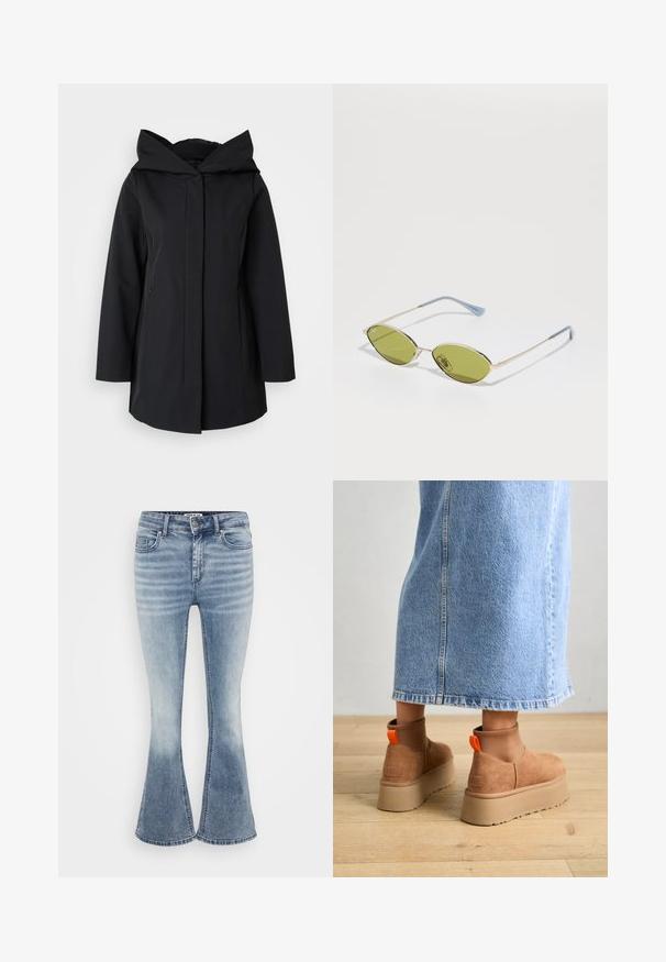 Black hooded coat made from smooth fabric, featuring a front zipper, long sleeves, and two side pockets. Simple, minimalist design.; Even&Odd Petite 2 PACK - Top - light grey/black; Light blue flared jeans made of denim, featuring a classic five-pocket design, front zip closure, and subtle fading along the thighs.; Brown suede platform boots with elastic side panels and orange pull tabs, paired with a knee-length light denim skirt on a wooden floor.; Olive green sunglasses with a thin gold frame and blue-accented arms. Oval lenses and minimalistic design.; Silver metal hoop earrings with a brushed texture, featuring a circular design and a clear post back for secure wear.