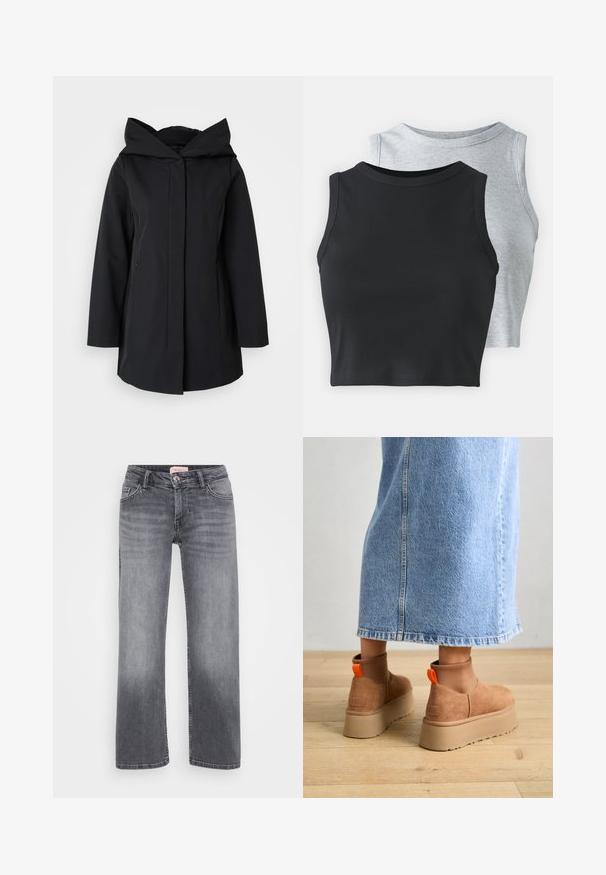 Čierny kapucňový kabát vyrobený z hladkej látky, s predným zipsom, dlhými rukávmi a dvoma bočnými vreckami. Jednoduchý, minimalistický dizajn.; Even&Odd Petite 2 PACK - Top - light grey/black; Sivé džínsy s rovnými legami, pätkový strih, jemné vyblednutie a gombíkový uzáver v páse.; Hnedé zamskové platformové čižmy s elastickými bočnými panelmi a oranžovými ťahákmi, v kombinácii s sukňou z ľahkého denimu po kolená, na drevenej podlahe.