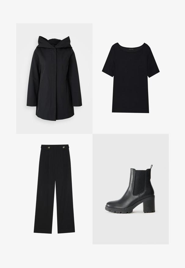 Fekete kapucnis kabát sima anyagból, elülső cipzárral, hosszú ujjal és két oldalsó zsebbel. Egyszerű, minimalista dizájn.; Fekete, rövid ujjas póló, széles dekoltázzsal. Puha, könnyű anyagból készült. Egyszerű, mintás vagy díszítés nélküli dizájn.; Fekete, bő szárú nadrág magas derékkal, gombos részletekkel a derékrészen és elülső pliszékkal.; Fekete bőr bokacsizma, elasztikus oldalsó panelekkel, masszív gumitalppal és magas tömbsarkú kivitelben. Hátul húzófüllel rendelkezik.