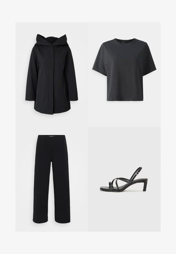 Svart hettefrakk laget av glatt stoff, med glidelås foran, lange ermer og to sidelommer. Enkel, minimalistisk design.; Svart bomull T-skjorte, korte ermer, rund hals, avslappet passform, jevn tekstur, enkel design, ingen mønstre eller aksenter.; Svart bukser med vid benvidde og elastisk midjebånd. Laget av et strukturert materiale, med en løs passform og rett snitt fra hoftene til sømmen.; Sorte sandaler med stropper, firkantet tå og lav blokk hæl. Har flere tynne stropper og en justerbar ankelstropp. Laget av glatt lær.