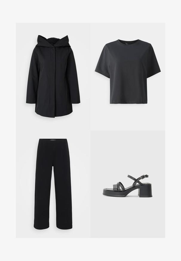 Casaco preto com capuz, feito de tecido suave, com um fecho frontal, mangas longas e dois bolsos laterais. Design simples e minimalista.; T-shirt de algodão preto, mangas curtas, gola redonda, corte descontraído, textura suave, design simples, sem padrões ou detalhes.; Calças largas pretas com uma cintura elástica. Feitas de um material texturizado, apresentam um corte solto e reto desde os quadris até a bainha.; Sandálias pretas de salto alto com várias tiras estreitas e bico redondo. O salto é em formato bloco com uma textura suave. Fecho com fivela ajustável.