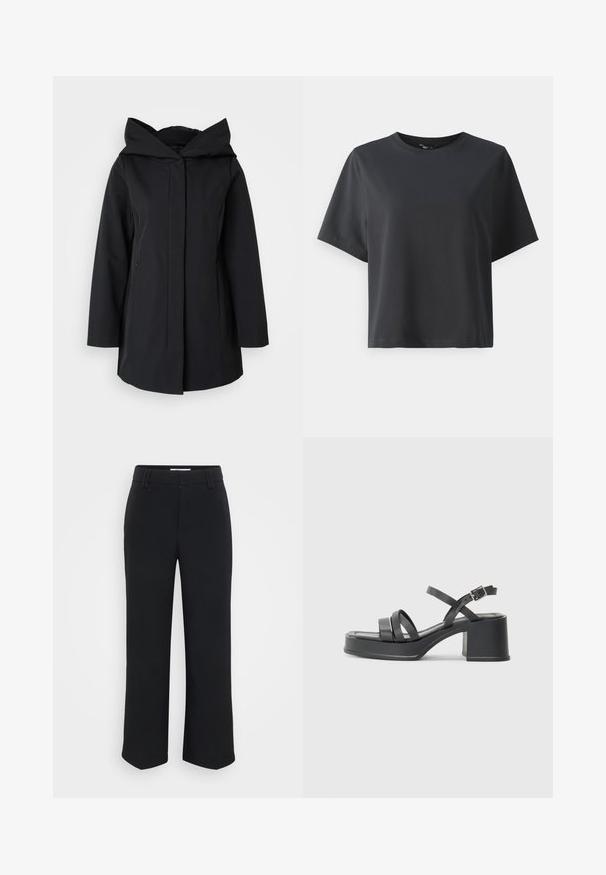 Black hooded coat made from smooth fabric, featuring a front zipper, long sleeves, and two side pockets. Simple, minimalist design.; Black cotton t-shirt, short sleeves, crew neck, relaxed fit, smooth texture, simple design, no patterns or accents.; Black wide-leg trousers with a smooth texture, featuring a flat waistband and side pockets, designed with a minimalist aesthetic.; Black heeled sandals with multiple narrow straps and a round toe. The heel is block-shaped with a smooth texture. Adjustable buckle closure.