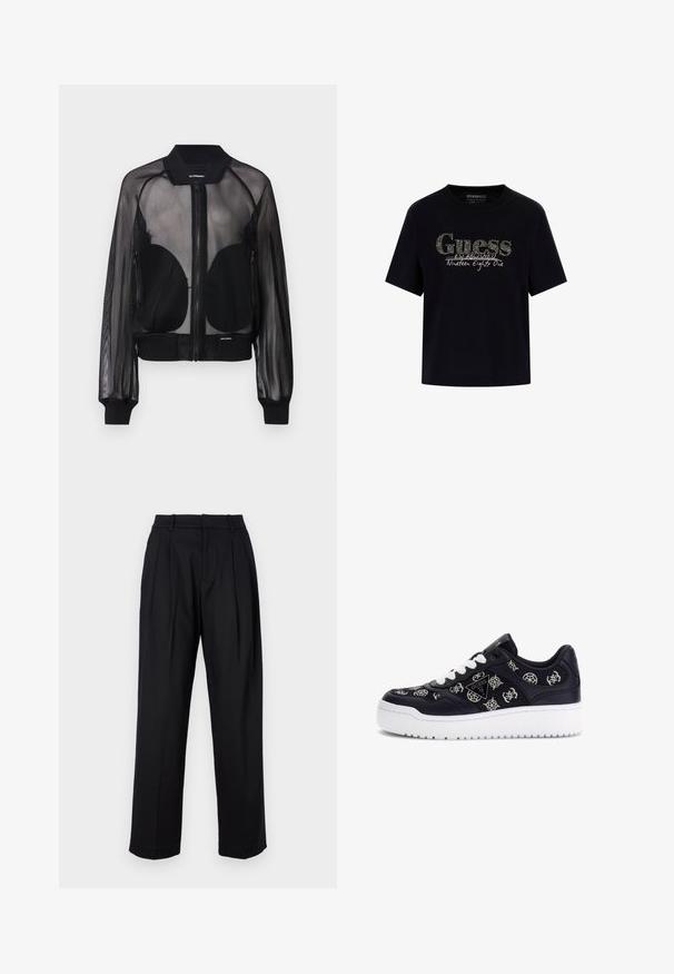 Black mesh bomber jacket with a zip front, ribbed cuffs and hem, and two zippered front pockets. Lightweight and sheer fabric.; Black cotton t-shirt with a rounded neckline and short sleeves. Features a glittery "Guess" logo and "Established Nineteen Eighty One" text.; Black trousers with a tailored design, featuring a high waist, pleats, and straight leg cut. Made from smooth fabric with a solid color.; Sneakers with a navy leather upper, white rubber sole, embroidered logo patterns, and white laces. Features a padded collar for comfort.