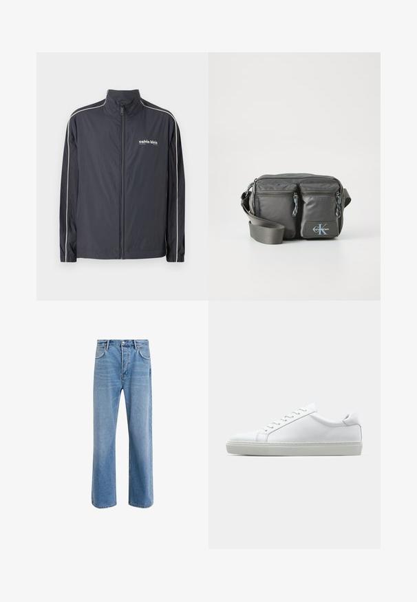 Calvin Klein Jeans Ljetna jakna - ebony; Duga rukava, majica s lažnim ovratnikom u svijetloj kremasto bijeloj boji od pamuka. Glatka tekstura, opušteni kroj, minimalistički dizajn, bez vidljivih uzoraka ili naglasaka.; Svijetloplave traperice s ravnim nogavicama, pet džepova, zatvaranjem na gumb, minimalnim izbljeđivanjem i kontrastnim šavovima.; Bijela tenisica s glatkim kožnim gornjim dijelom i niskim profilom. Ima zaobljen vrh, šest rupica za vezanje i teksturiranu gumenu podlogu.; Sivi najlonski torbica preko tijela s dva zip zatvarača sprijeda, podesivim remenom i logotipom. Glatka tekstura s modernim dizajnom.