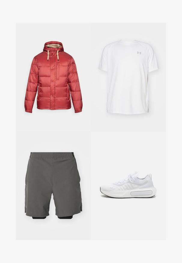 Rdeča puhovka z prešito zasnovo, kapuco in bež vrvicami. Ima pritisne gumbe in sprednji žep; gladka, sijoča tekstura.; Bela kratka športna majica s kratkimi rokavi, izdelana iz gladkega blaga. Ima okroglo ovratnico in sivo logotip na levi prsi ter stranske razpoke na robu.; Sive športne hlače z gladkim, lahkim materialom in elastičnim pasom, ki vsebujejo notranje kompresijske hlače in stranske žepke.; Bela športna čevlja s teksturirano pletenino, vezanjem na vezalke, blaženim podplatom in značilnim logotipom na strani.