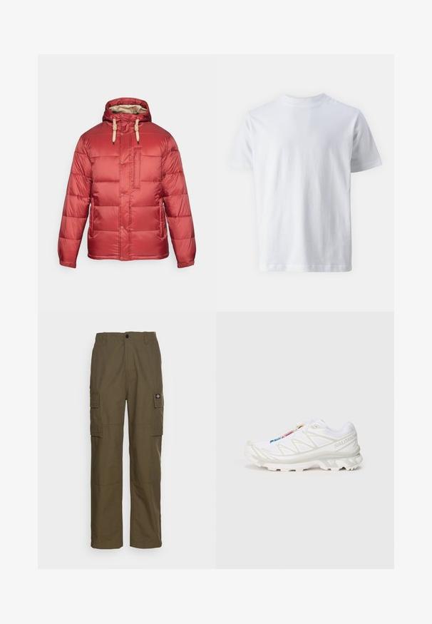 Crvena puf jakna s qultiranim dizajnom, kapuljačom i bež vezicama. Ima kopče na dugmad i prednju džep; glatka, sjajna tekstura.; Bijela majica kratkih rukava od pamuka, s okruglim izrezom i glatkom teksturom, ravnog kroja bez uzoraka.; Cargo hlače u maslinasto zelenoj boji, izrađene od izdržljivog materijala. Sadrže dva bočna džepa, standardnu struk i ravne nogavice.; Bijela atletska obuća s teksturiranim mrežastim gornjim dijelom, reflektirajućim detaljima i podstavljenim potplatom. Značajan logo brenda sa strane.