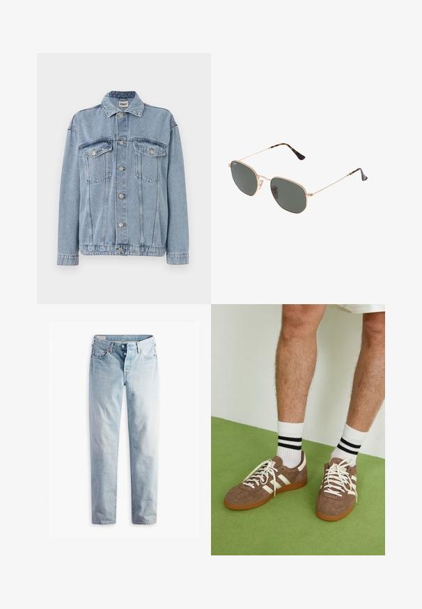 Vaaleansininen farkkutakki, jossa on nappisuljenta, kaksi rintataskua ja klassinen kaulus. Teksturoitu kangas, jossa näkyvät ompelu yksityiskohdat.; Harmaa kaapelikudottu neulepaita, jossa on pitkät hihat, ribbaushelma ja pyöreä pääntie. Pieni logotunnus rinnassa.; Vaaleansiniset farkut, joissa on suora lahje, kaksi etutaskua ja kaksi takataskua. Mukana kaksi nappia kynnyksessä ja hienovarainen ompelu.; Ruske nahkate sneakerit valkoisilla korostuksilla ja nauhoilla. Kumi-gumipohja. Yhdistetty valkoisiin sukkiin, joissa on mustia raitoja. Vihreä teksturoitu lattia.; Kultaa metallikehyksiset aurinkolasit tummanvihreillä linsseillä, pilottilaatuinen tyyli, jossa on kapeat varret ja kilpikonnakuosiset korostukset päissä.