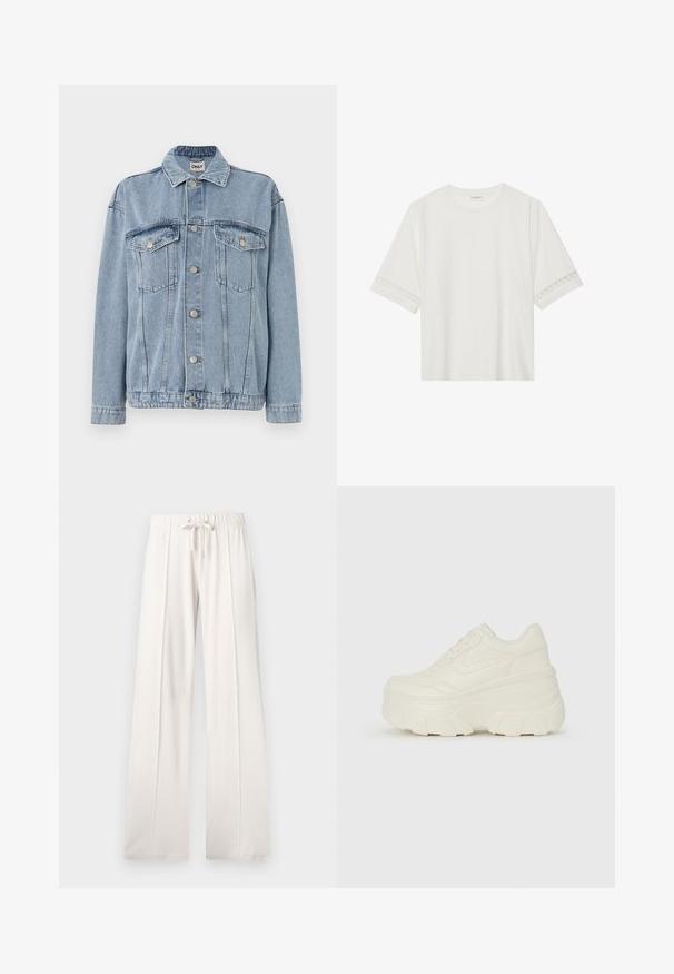 svetlo modra traper jakna z gumbom na sprednji strani, dvema žepoma na prsih in klasičnim ovratnikom. Teksturirana tkanina z vidnimi šivi.; Bela kratka majica s kratkimi rokavi iz bombaža, okrašena z dekorativnim čipkastim robom ob rokavih in okroglo izrezom.; Svetlo bež trenirke, izdelane iz mehkega blaga, s punch rezom v pasu, širokimi nogami in vertikalnimi šivi ter gladko teksturo.; Bele platformske tene z belim zgornjim delom, ki spominja na usnje, okroglo obliko, oblazinjen ovratnik ter gumo z teksturo na podplatu z izrazitimi profili.