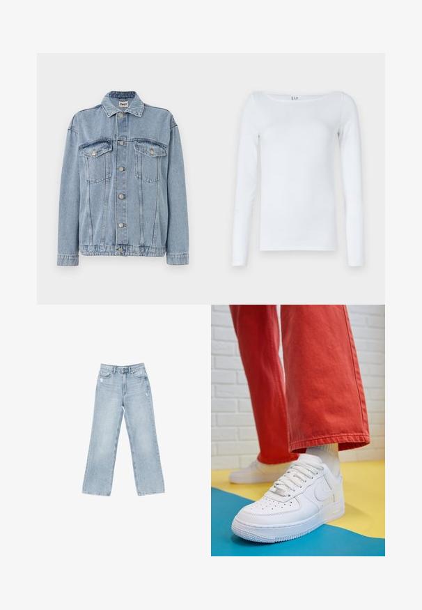 Giacca di jeans azzurro chiaro con chiusura a bottoni, due tasche sul petto e colletto classico. Tessuto texturizzato con dettagli di cucitura visibili.; Camicetta bianca a maniche lunghe in misto cotone, con scollatura a girocollo e design slim fit. Nessun motivo o accento visibile.; Jeans in denim azzurro chiaro con taglio a gamba larga, dettagli strappati, design a cinque tasche e chiusura con zip.; Sneaker bianco in pelle con punta perforata, suola testurizzata e lacci bianchi, abbinati a pantaloni rossi larghi e uno sfondo blu e giallo.