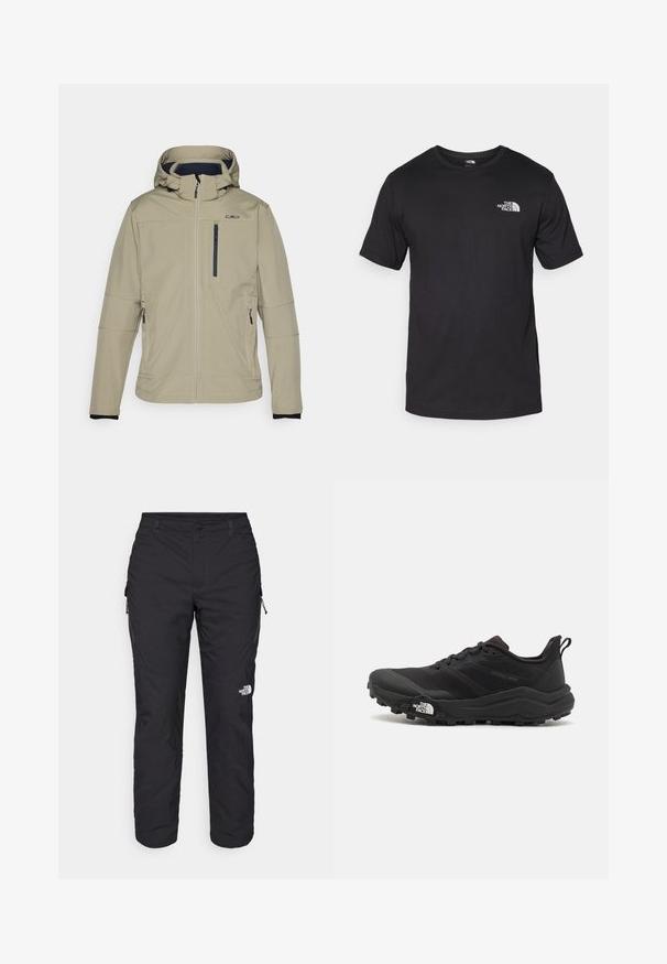 Giacca softshell beige con cappuccio, dotata di zip frontale, tasca sul petto e tasche laterali, realizzata in tessuto leggero e resistente all'acqua.; T-shirt nera a maniche corte in cotone, con scollatura rotonda e un piccolo logo bianco nell'area superiore sinistra del petto.; The North Face WINTER EXPLORATION TAPERED CARGO - Pantaloni outdoor - black; Scarpa da trail running nera con tomaia texture, suola in gomma e punta rinforzata. Presenta un collare imbottito e un tassello per un indossamento facile.