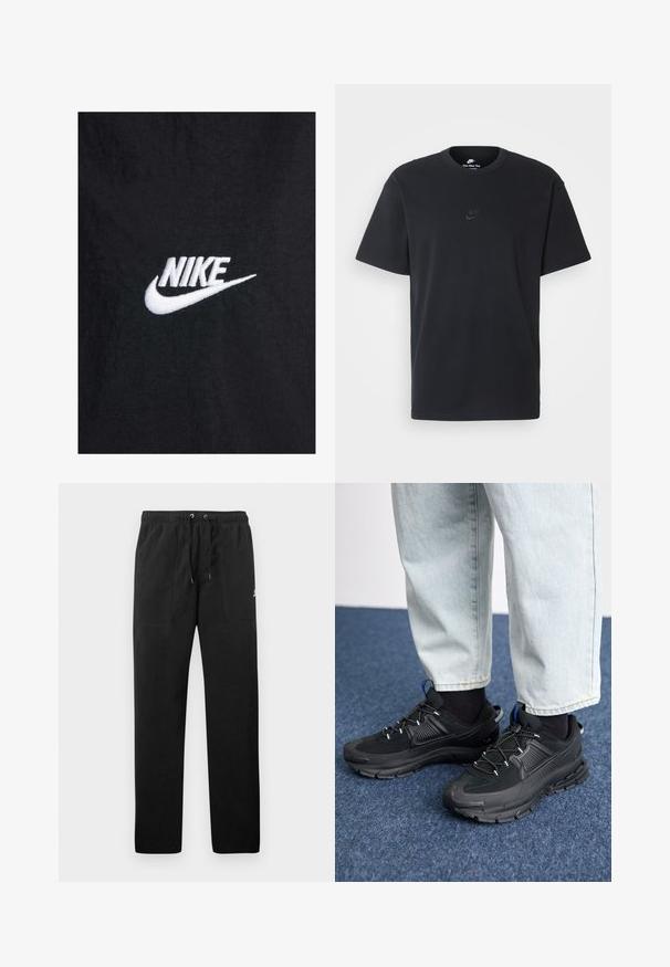 Mustad must puuvillane t-särk, millel on valge tikandiga Nike logo, klassikalise ümmarguse kaeluse ja lühikeste varrukatega. Sile tekstuur.; Nike musta mustast puuvillast T-särk klassikalise ümmarguse kaelusega, lühikeste varrukatega ja õrna, reljeefse logoga rinnal. Sile tekstuur.; Mustad fliisist sportpüksid, millel on elastne vöö ja paelad, kaks esi-taskut ning väike logo reie peal.; Mustad mustad jooksukingad, millel on tekstureeritud kangas ja kummist tallad, elastsed nöörid ning sinine aksent kandadel. Kandmine heledate teksadega.