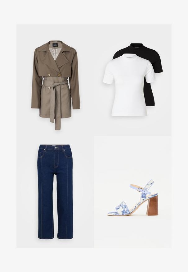 Kaki divreizējs žakets ar īsu dizainu, garām piedurknēm un jostas akcentu. Iezīmējas ar lieliem pogām un gludu auduma tekstūru.; Even&Odd Petite 2 PACK - Pamata T-krekls - white/black; Tumši zili taisni džinsi ar pogu aizdari, priekšējām un aizmugurējām kabatām, kā arī redzamām oranžām šuvēm.; Zili ziedu raksta sandales ar kvadrātu purngalu, platu siksnu un regulējamu potītes siksnu, kurām ir struktūrēts koka bloks papēdis.